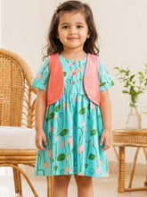 Load image into Gallery viewer, Campana Girls Zoe Pure Cotton Lotus Printed Dress with Jacket - Light Blue &amp; Peach

