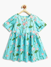 Load image into Gallery viewer, Campana Girls Zoe Pure Cotton Lotus Printed Dress with Jacket - Light Blue &amp; Peach
