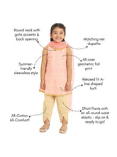 Load image into Gallery viewer, Campana Girls Vani Dhoti Kurta Set with Dupatta - Khari Print - Pink &amp; Gold
