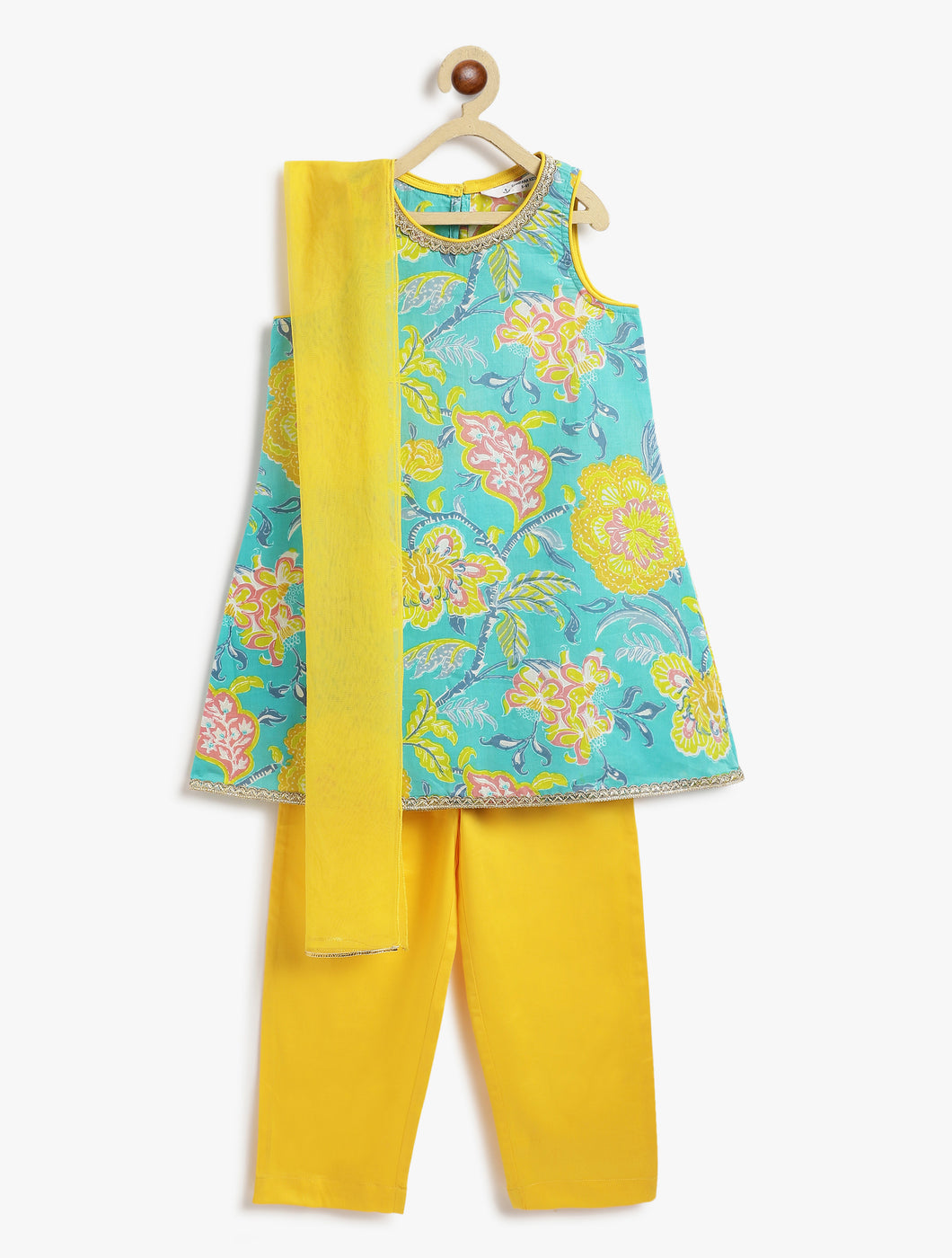 Campana Girls Chitra Floral Printed Kurta Set with Dupatta - Turquoise & Yellow