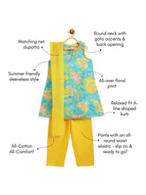 Load image into Gallery viewer, Campana Girls Chitra Floral Printed Kurta Set with Dupatta - Turquoise &amp; Yellow
