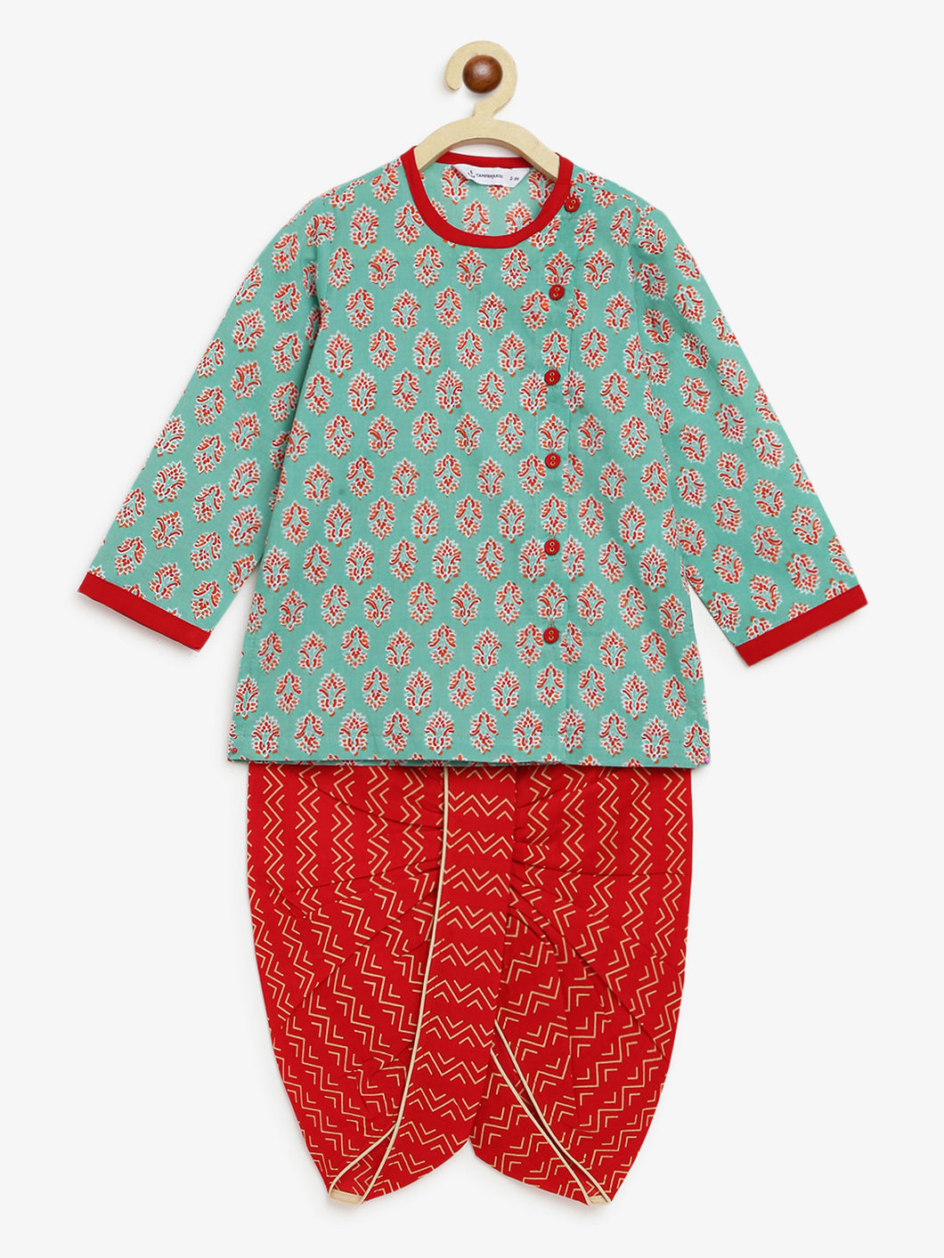 Campana Boys Ananda Dhoti Kurta Set - Block Print - Sage Green & Red