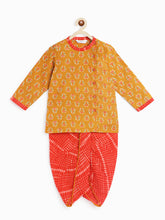 Load image into Gallery viewer, Campana Boys Ananda Dhoti Kurta Set - Wildflower and Leheriya Print - Mustard &amp; Orange
