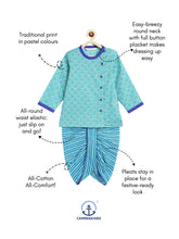 Load image into Gallery viewer, Campana Boys Ananda Dhoti Kurta Set - Flower Blockprint - Green &amp; Ink Blue
