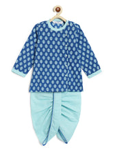 Load image into Gallery viewer, Campana Boys Ananda Dhoti Kurta Set - Small Blockprint - Royal Blue &amp; Turquoise
