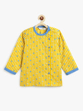 Load image into Gallery viewer, Campana Boys Ananda Pure Cotton Floral String Print Dhoti Kurta Set - Mustard &amp; Blue
