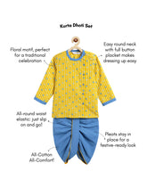 Load image into Gallery viewer, Campana Boys Ananda Pure Cotton Floral String Print Dhoti Kurta Set - Mustard &amp; Blue
