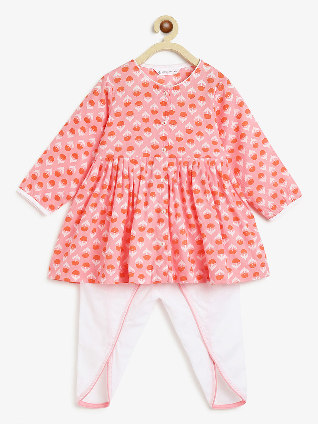 Campana Girls Asmi Dhoti Kurta Set - Blockprint Genda - Pink & Off-white