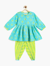 Load image into Gallery viewer, Campana Girls Asmi Dhoti Set - Diamond Print - Turquoise &amp; Lime Green
