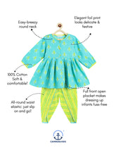 Load image into Gallery viewer, Campana Girls Asmi Dhoti Set - Diamond Print - Turquoise &amp; Lime Green
