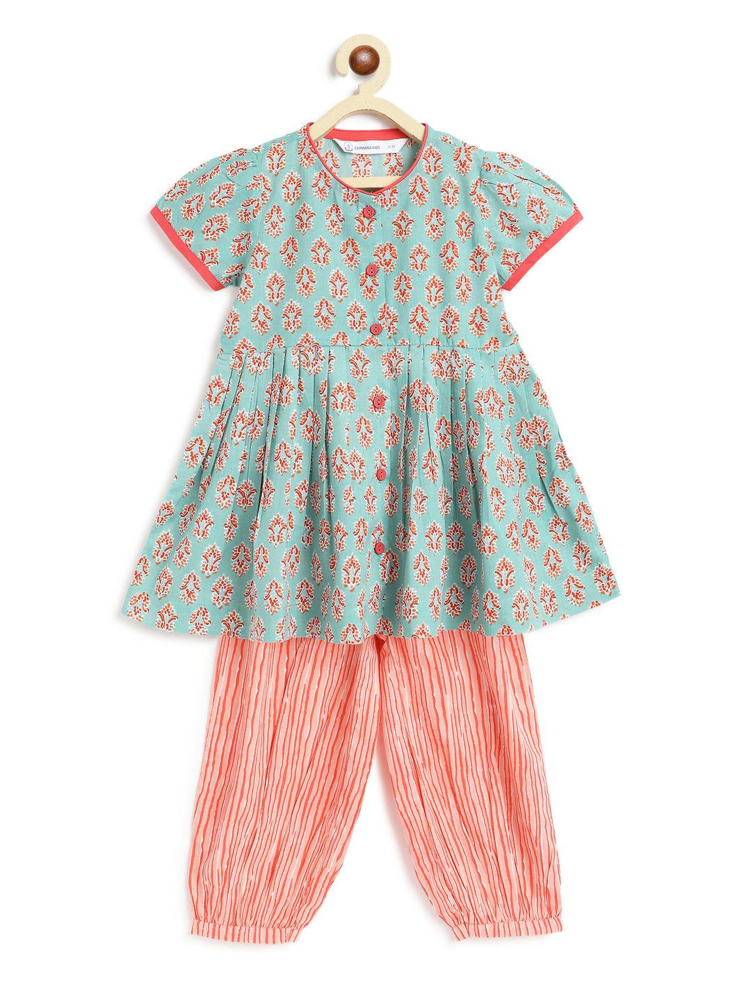 Campana Girls Ruhi Kurta with Afghani Salwar Set - Block Print - Sage Green & Peach