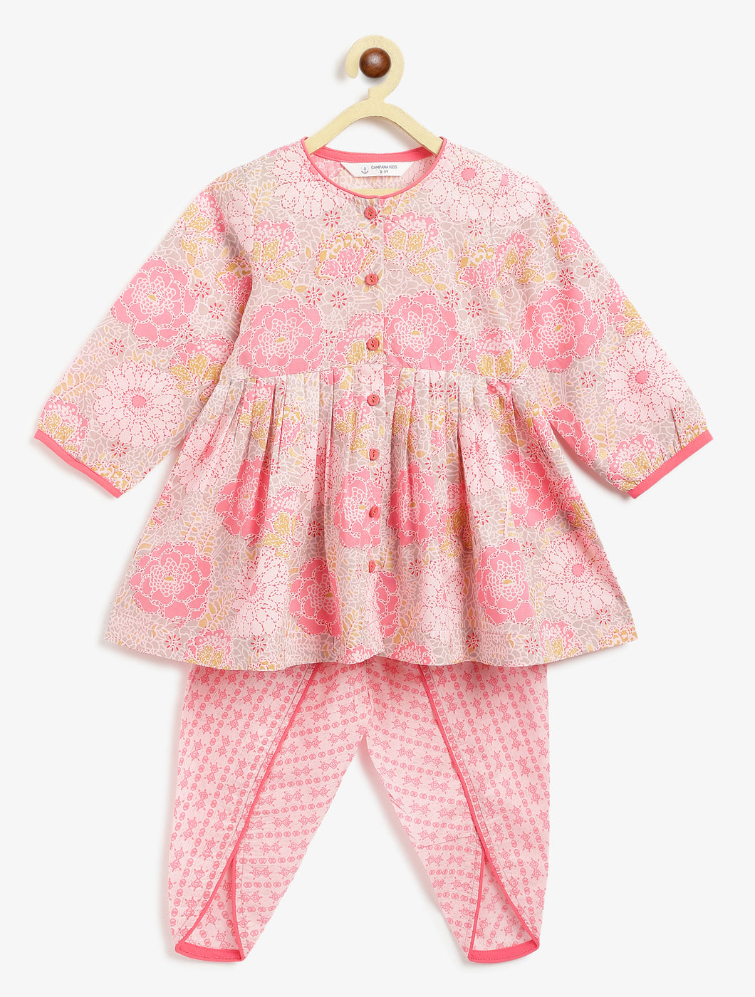 Campana Girls Asmi Floral Printed Cotton Kurta Dhoti Pants Set - Pink