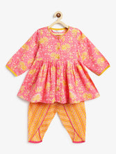Load image into Gallery viewer, Campana Girls Asmi Kurta with Dhoti Pants - Seamless Floral Print - Pink &amp; Yellow
