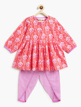 Load image into Gallery viewer, Campana Girls Asmi Kurta with Dhoti Pants - Floral &amp; Striped Print - Orange &amp; Purple
