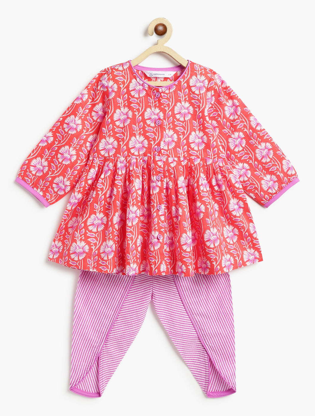 Campana Girls Asmi Kurta with Dhoti Pants - Floral & Striped Print - Orange & Purple