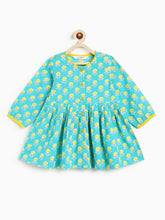 Load image into Gallery viewer, Campana Girls Asmi Pure Cotton Floral Blockprint Kurta with Dhoti Pants Set - Turquoise &amp; Yellow
