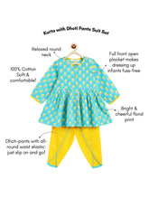 Load image into Gallery viewer, Campana Girls Asmi Pure Cotton Floral Blockprint Kurta with Dhoti Pants Set - Turquoise &amp; Yellow
