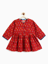 Load image into Gallery viewer, Campana Girls Asmi Pure Cotton Floral Kurta with Striped Dhoti Set - Red &amp; Blue
