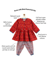 Load image into Gallery viewer, Campana Girls Asmi Pure Cotton Floral Kurta with Striped Dhoti Set - Red &amp; Blue
