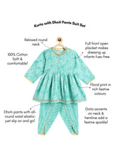 Load image into Gallery viewer, Campana Girls Asmi Pure Cotton Abstract Floral Print Kurta Dhoti Suit Set - Teal Blue
