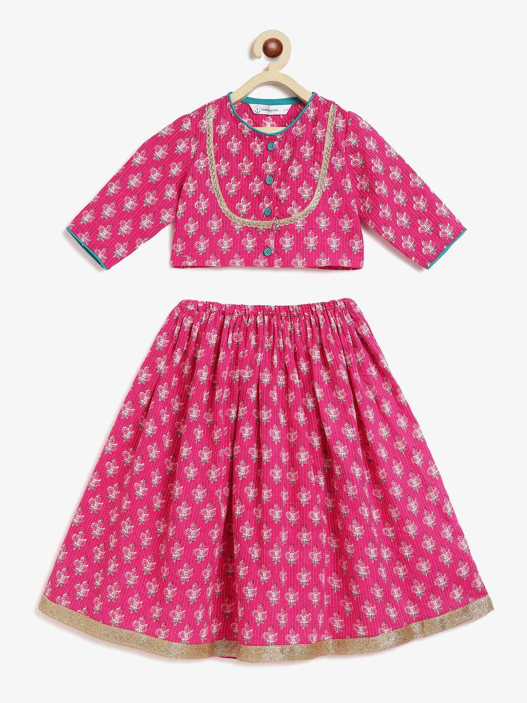 Campana Girls Koel Lehanga Choli Set - Floral Kanthawork - Magenta