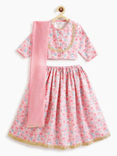 Load image into Gallery viewer, Campana Girls Koel Lehenga Choli with Dupatta Set - Lotus Print - Pink
