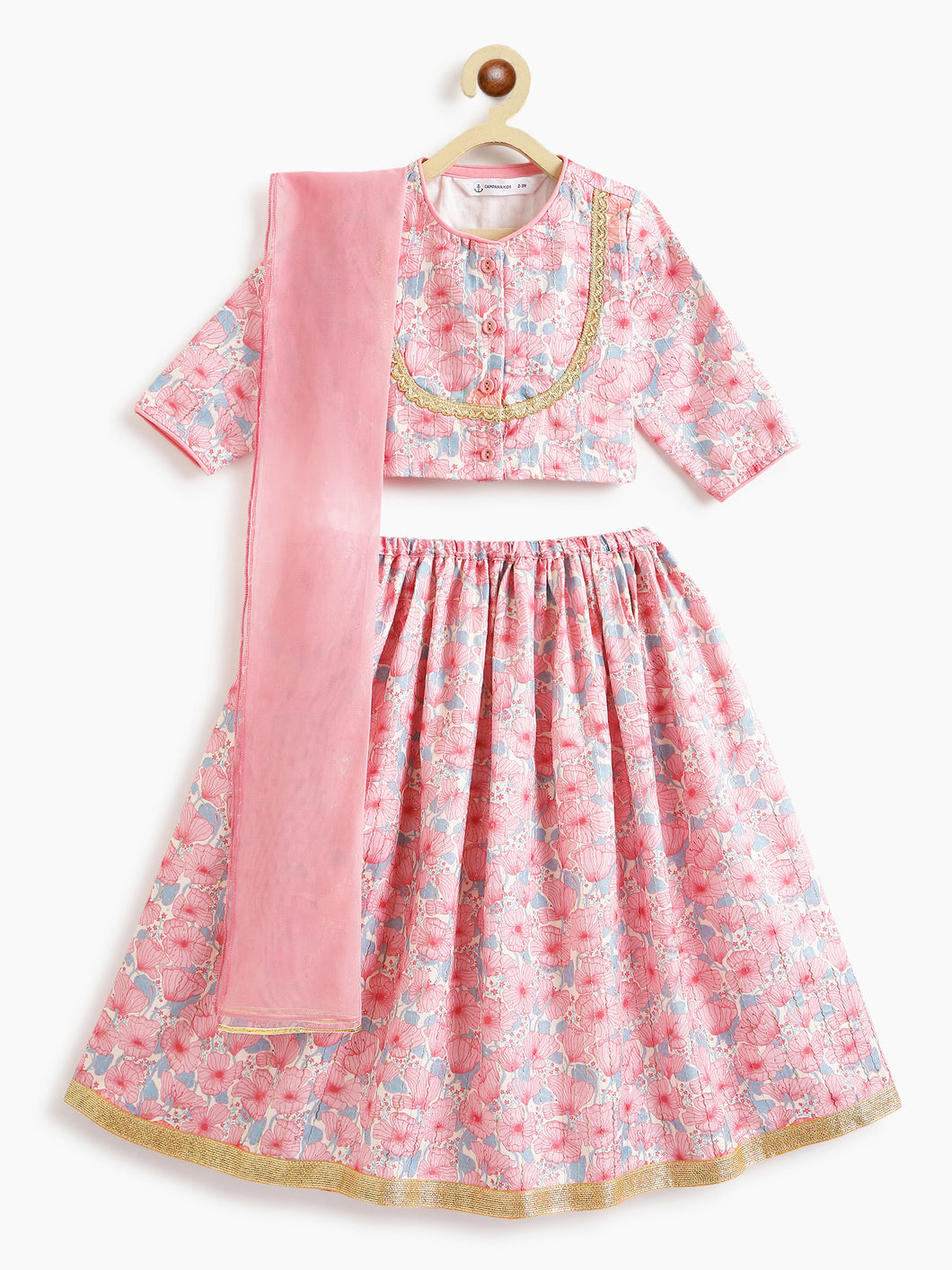 Campana Girls Koel Lehenga Choli with Dupatta Set - Lotus Print - Pink