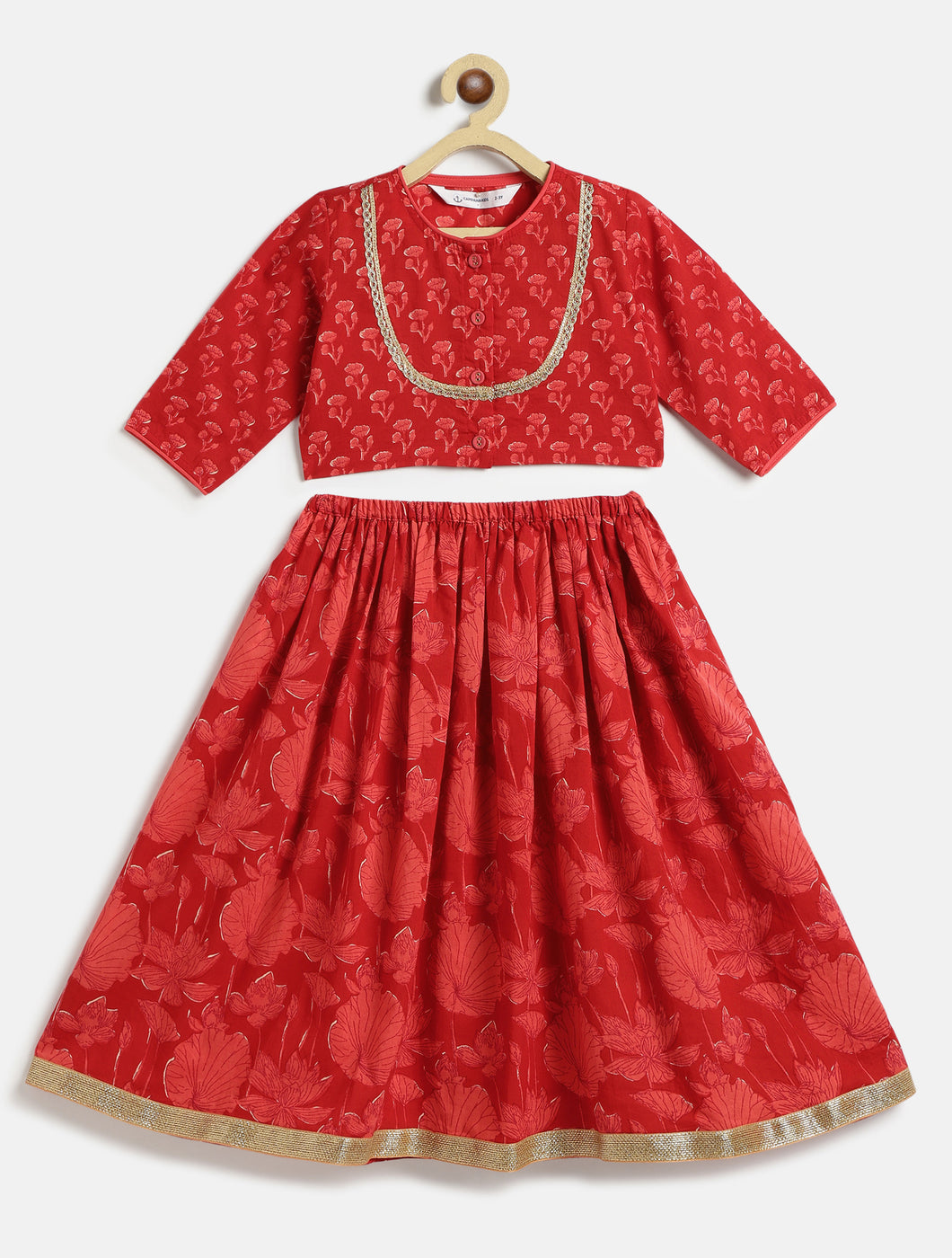 Campana Girls Koel Pure Cotton Lehenga Set - Floral Print - Red