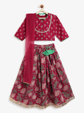 Load image into Gallery viewer, Campana Girls Koel Pure Cotton Block &amp; Jaal Printed Lehenga Set - Maroon
