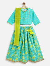 Load image into Gallery viewer, Campana Girls Koel Pure Cotton Floral Printed Lehenga Set - Turquoise &amp; Lime Green
