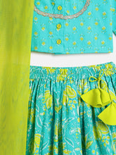 Load image into Gallery viewer, Campana Girls Koel Pure Cotton Floral Printed Lehenga Set - Turquoise &amp; Lime Green
