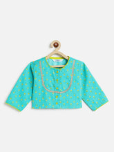 Load image into Gallery viewer, Campana Girls Koel Pure Cotton Floral Printed Lehenga Set - Turquoise &amp; Lime Green
