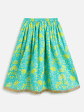 Load image into Gallery viewer, Campana Girls Koel Pure Cotton Floral Printed Lehenga Set - Turquoise &amp; Lime Green
