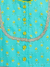 Load image into Gallery viewer, Campana Girls Koel Pure Cotton Floral Printed Lehenga Set - Turquoise &amp; Lime Green

