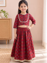 Load image into Gallery viewer, Campana Girls Koel Pure Cotton Floral Print Lehenga Set - Maroon
