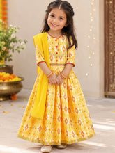 Load image into Gallery viewer, Campana Girls Geometric Printed &amp; Embroidered Lehenga Choli Set - Yellow &amp; Orange

