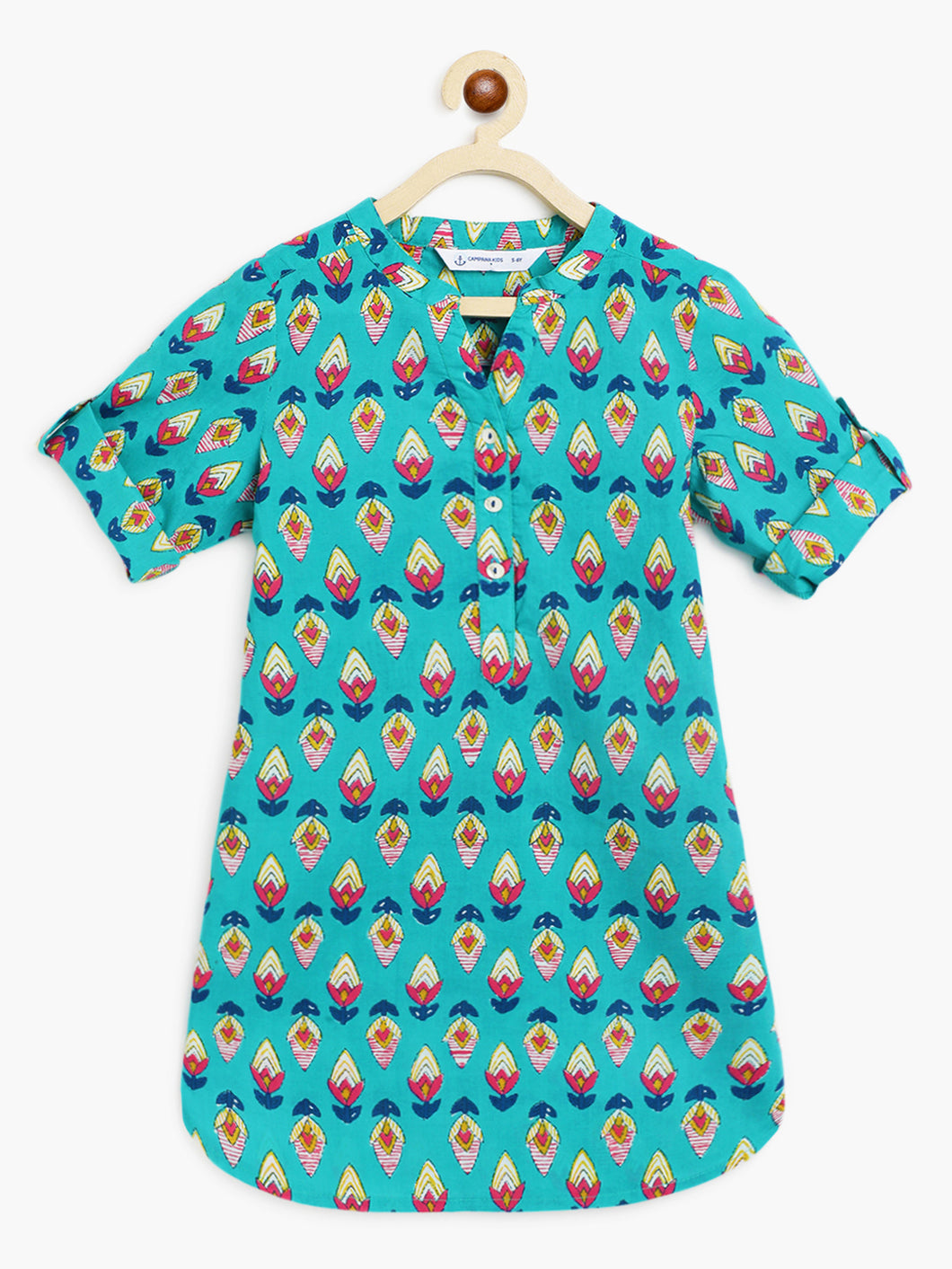 Campana Girls Urvashi Kurta - Flower Bud Print - Teal & Ink Blue