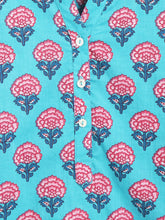 Load image into Gallery viewer, Campana Girls Urvashi Kurta - Majestic Flower Blockprint - Turquoise
