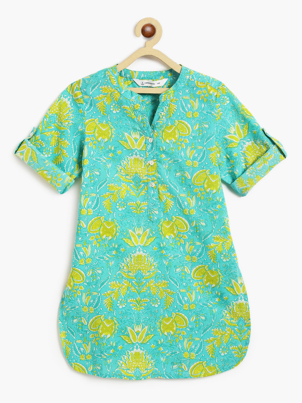 Campana Girls Urvashi Kurta - Seamless Floral Print - Turquoise & Lime Green