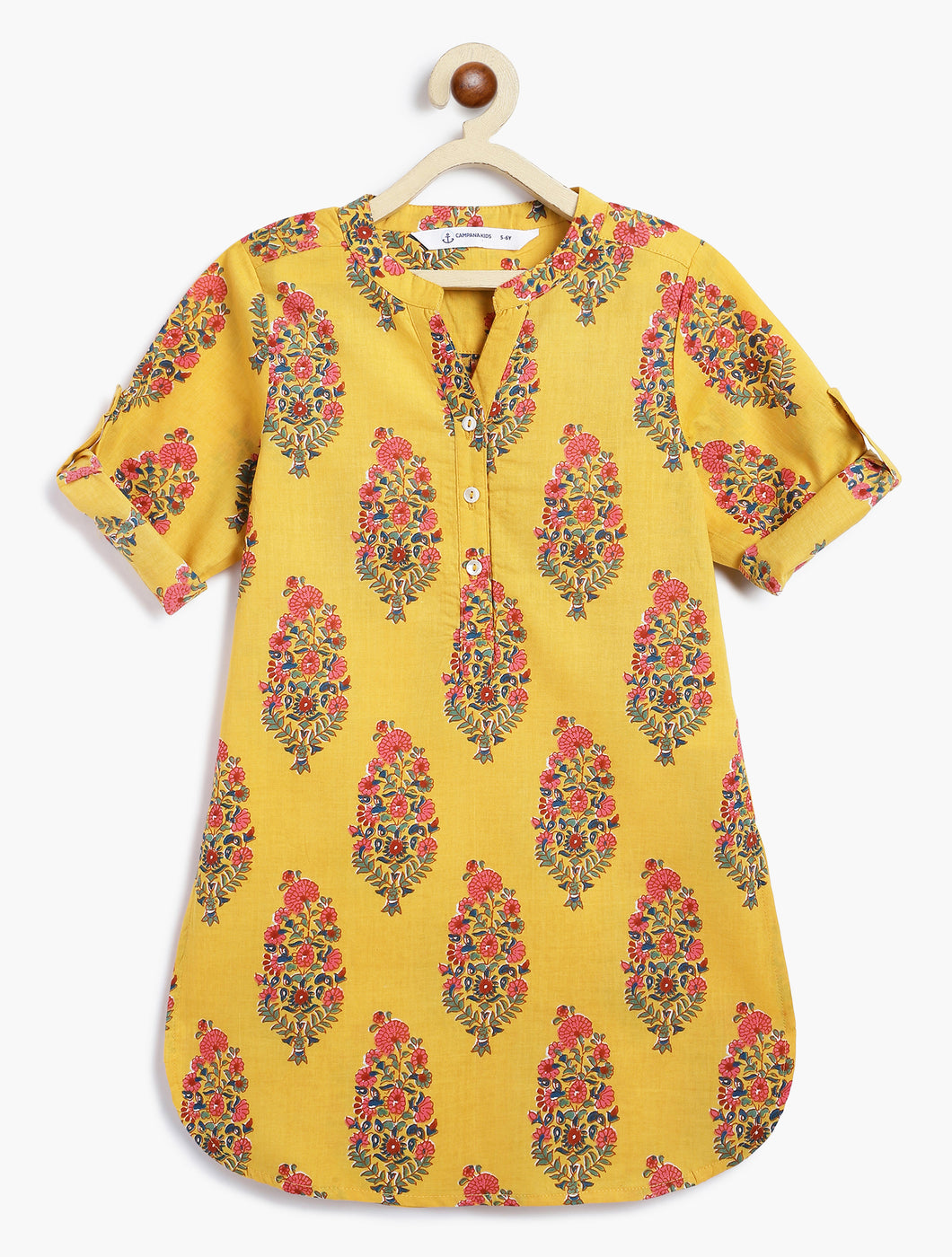 Campana Girls Urvashi Kurta - Floral Paisley Print - Yellow & Pink