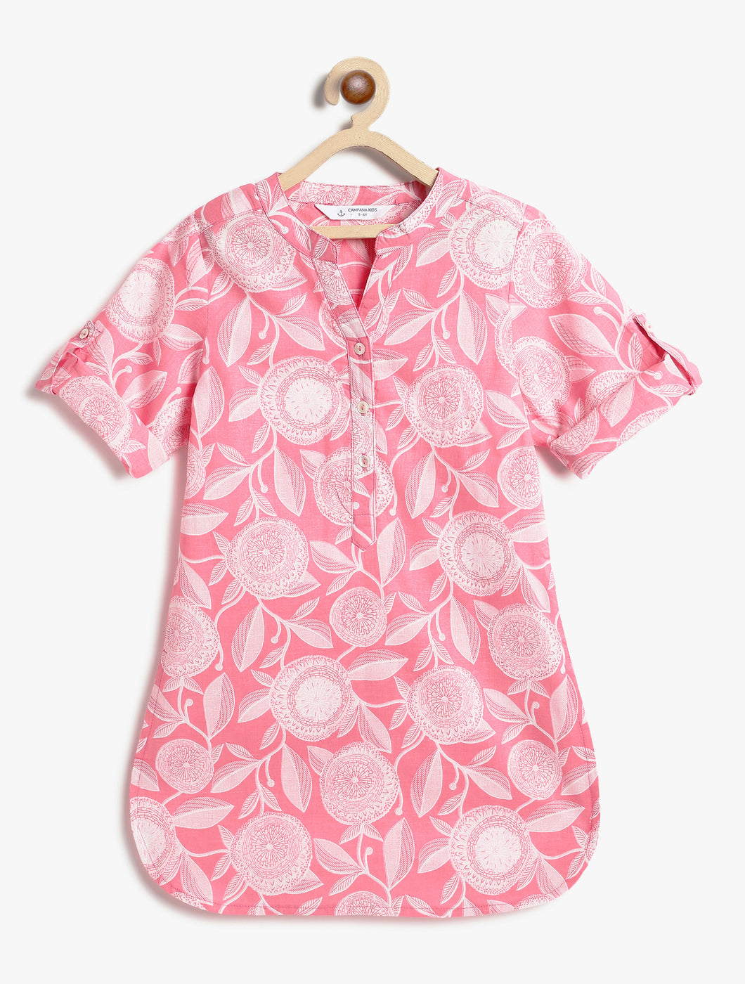 Campana Girls Urvashi Cotton Kurta - Floral Circles - Pink & White
