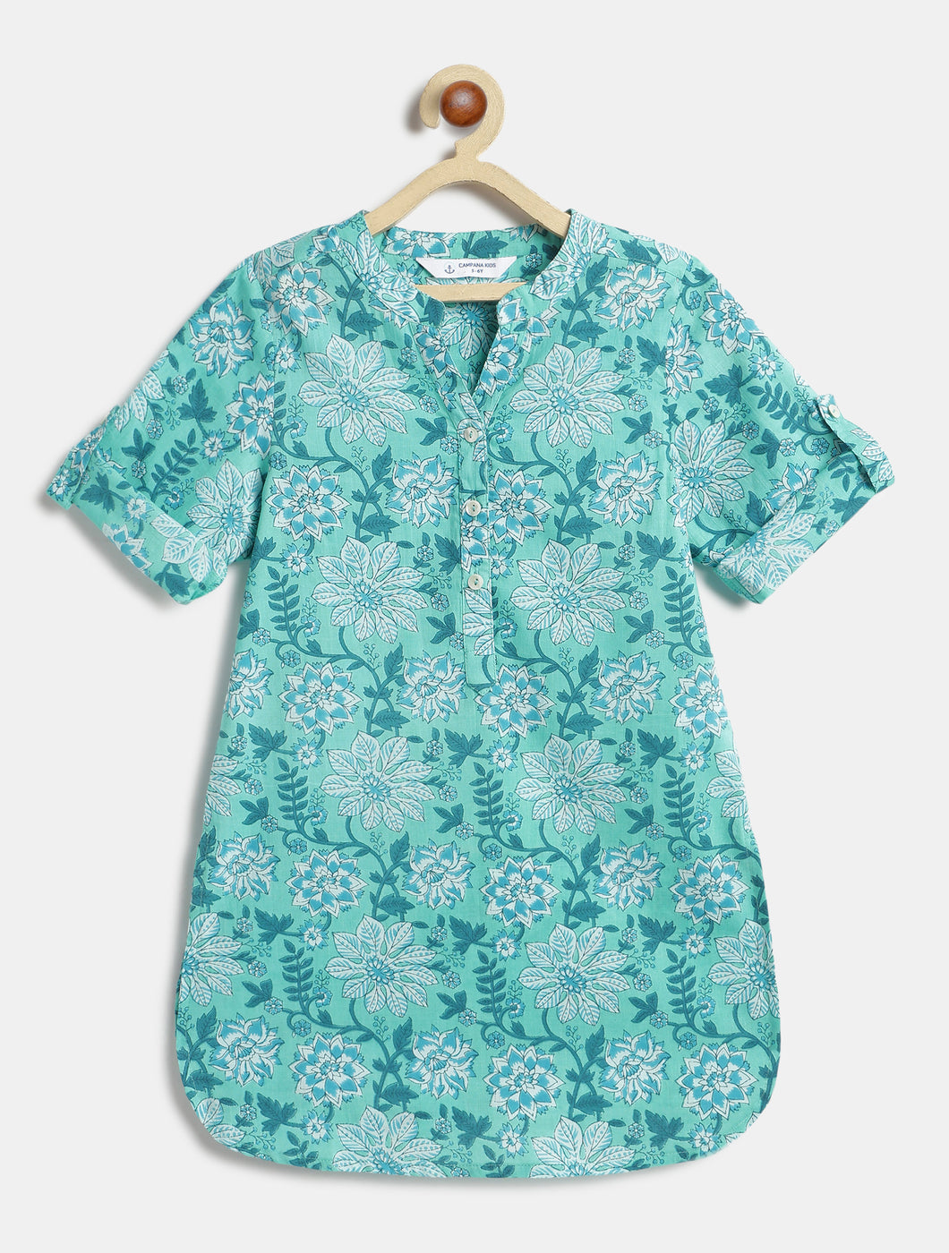 Campana Girls Urvashi Cotton Kurta - Seamless Floral Print - Turquoise Blue