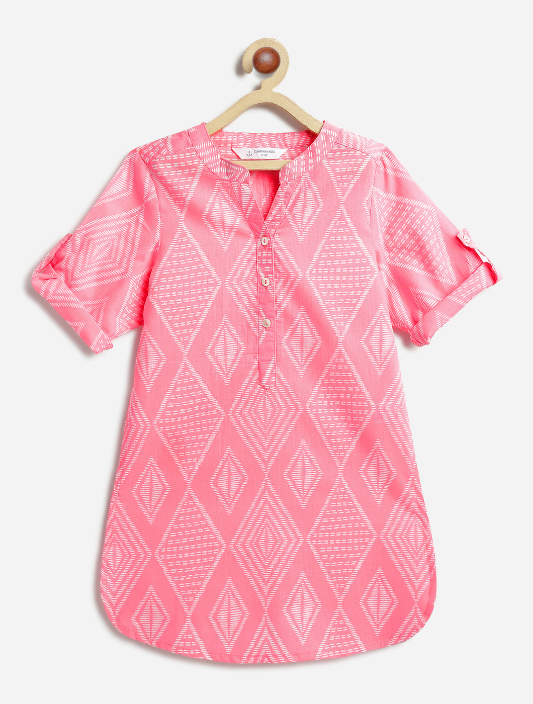 Campana Girls Urvashi Cotton Kurta - Geometric Print - Pink