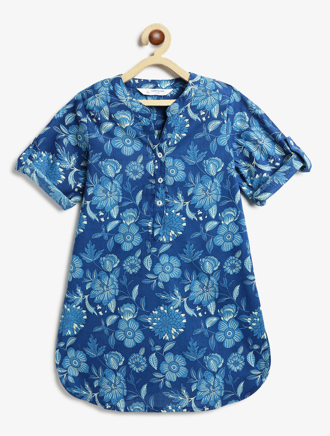 Campana Girls Urvashi Cotton Kurta - Seamless Floral Print - Indigo Blue