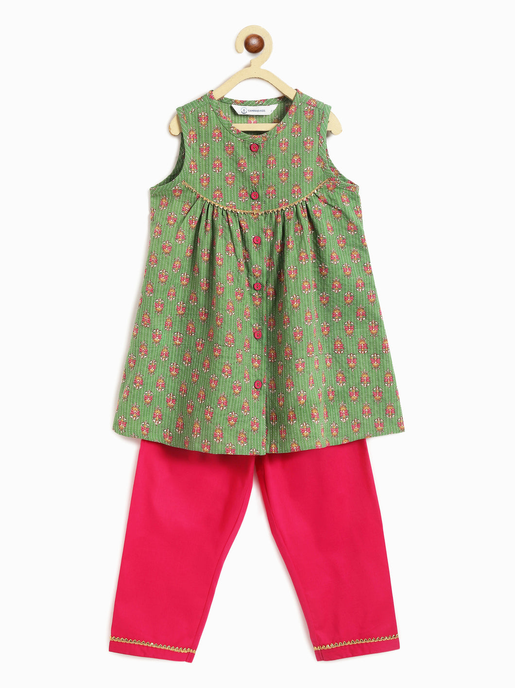 Campana Girls Revathi Kurta Pants Set - Kantha with Floral Print - Green & Magenta