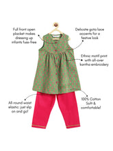 Load image into Gallery viewer, Campana Girls Revathi Kurta Pants Set - Kantha with Floral Print - Green &amp; Magenta
