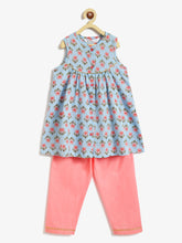 Load image into Gallery viewer, Campana Girls Revathi Kurta Pants Set - Floral Print - Blue &amp; Peach
