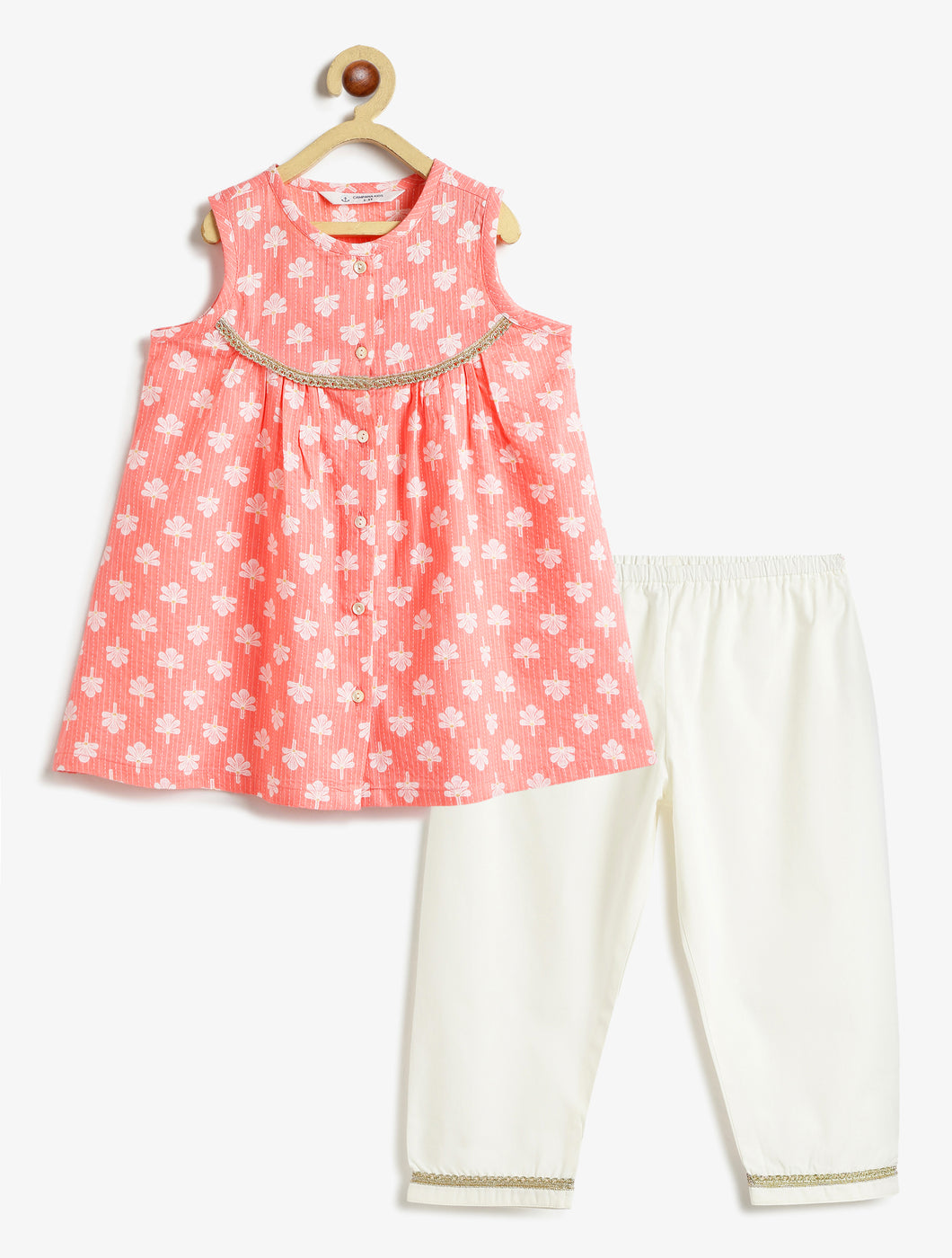 Campana Girls Revathi Pure Cotton Kurta Pants Set - Kantha Blockprint - Peach & White