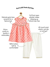 Load image into Gallery viewer, Campana Girls Revathi Pure Cotton Kurta Pants Set - Kantha Blockprint - Peach &amp; White
