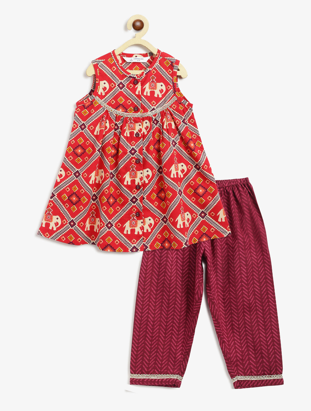 Campana Girls Revathi Kurta Pants Set - Royal Elephants Print - Red & Purple